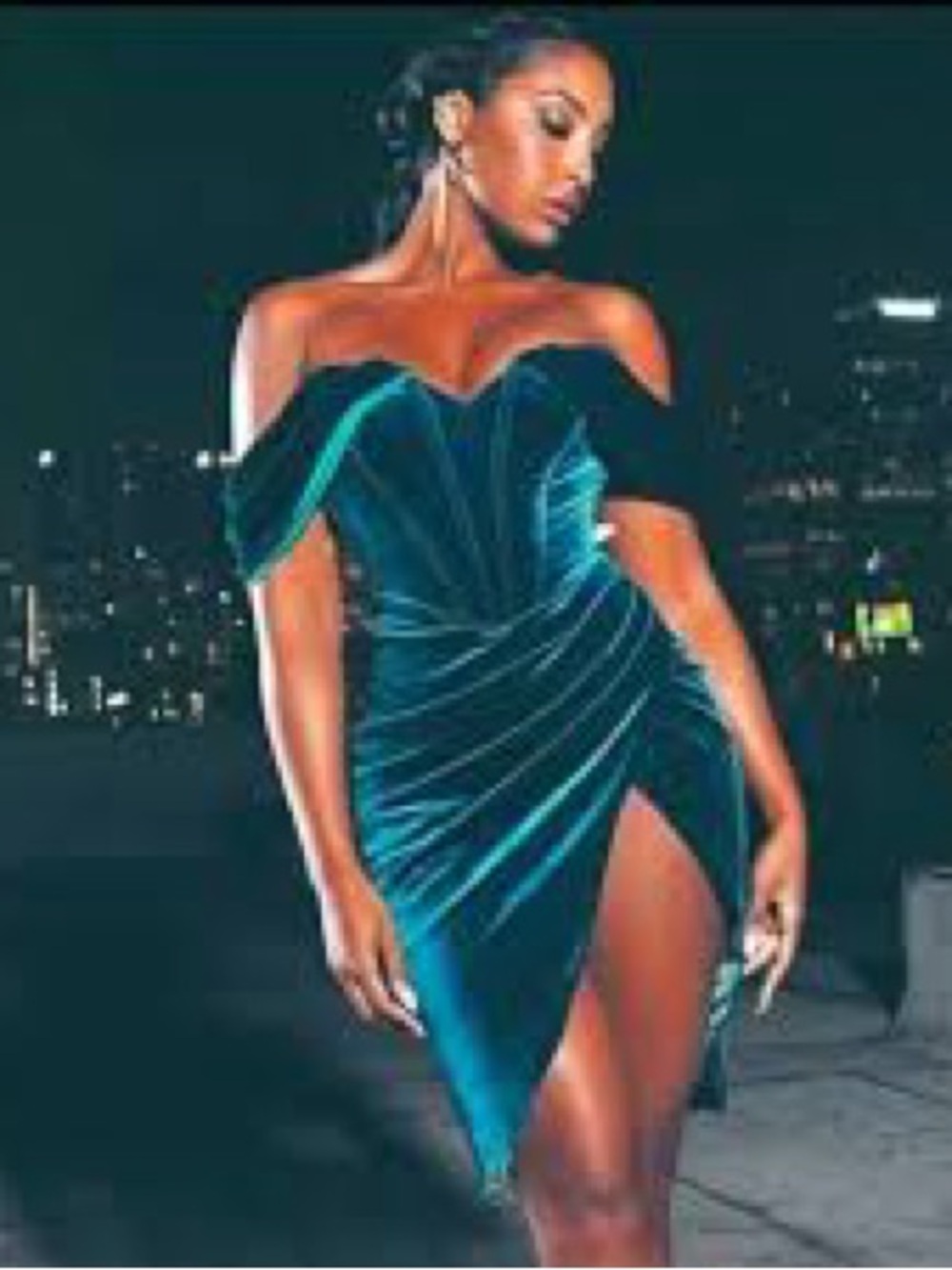 Off-Shoulder Teal Velvet Midi Dress with Side Thigh Slit